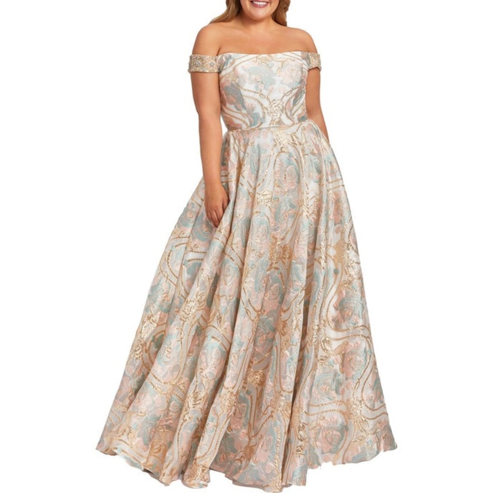 MAC DUGGAL PLUS - METALLIC MAXI EVENING DRESS - FLORAL - NWT - Picture 1 of 2